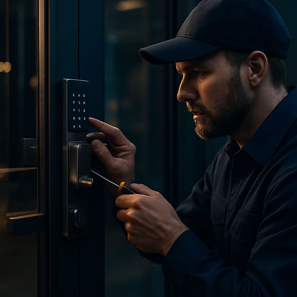 Professional locksmith installing a door lock